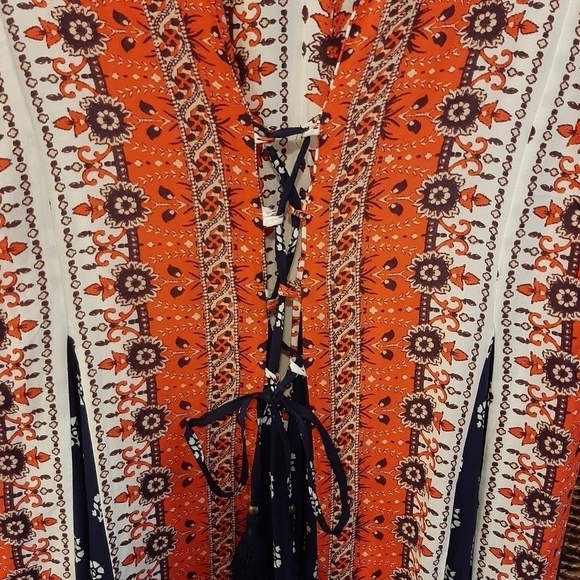 Anthropologie Maeve Floral Mini Dress Cap Sleeves Stripes Tassels Medium Petite - Picture 8 of 11